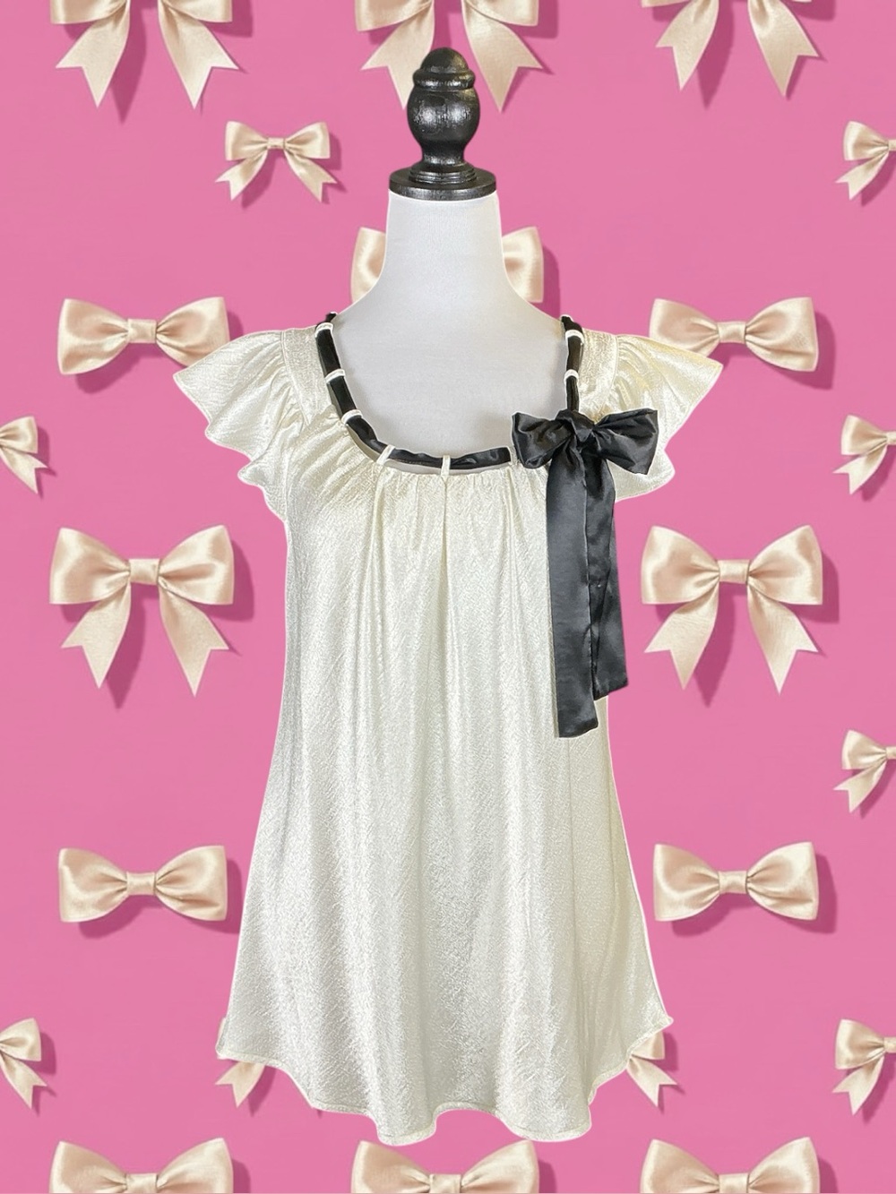 John Paul Richard NWOT Classic Retro Glam Coquette Soft Girl Bow Babydoll Top L